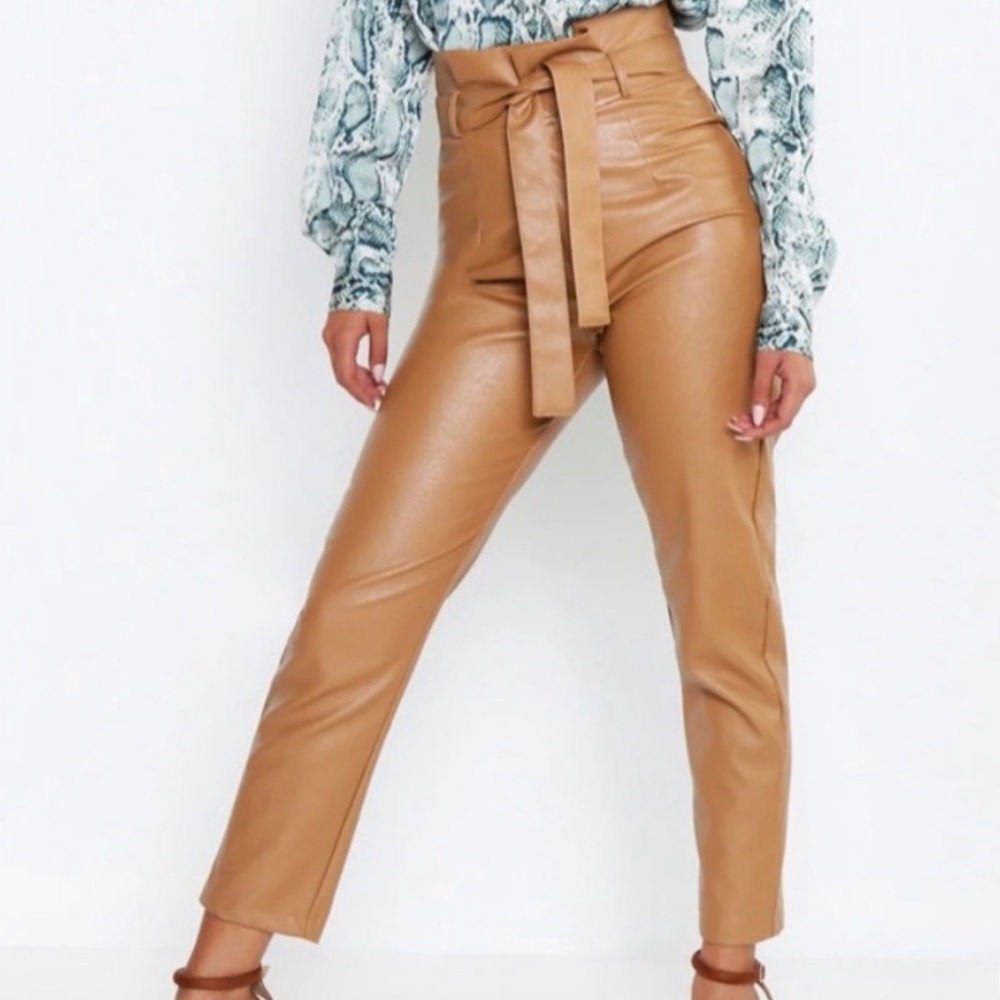 Faux tan leather paper bag pants